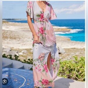 Venus Floral Kimono Style Oversized V-neck Short Sleeve Maxi Dress w/ Slit M Med